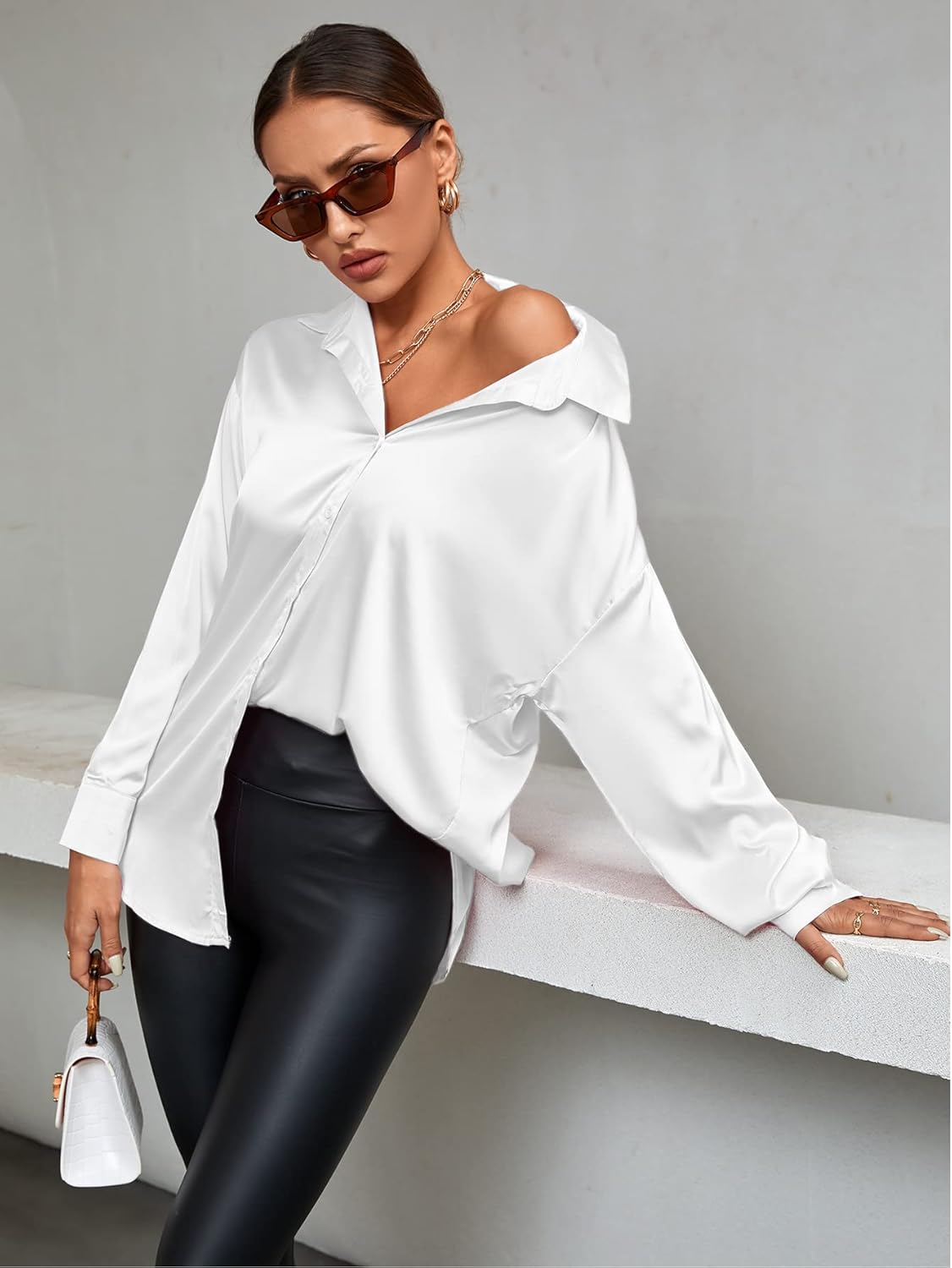 LYANER Women's Satin Silky Loose Turn Down V Neck Long Sleeve Button Blouse Shirt Top - Image 6