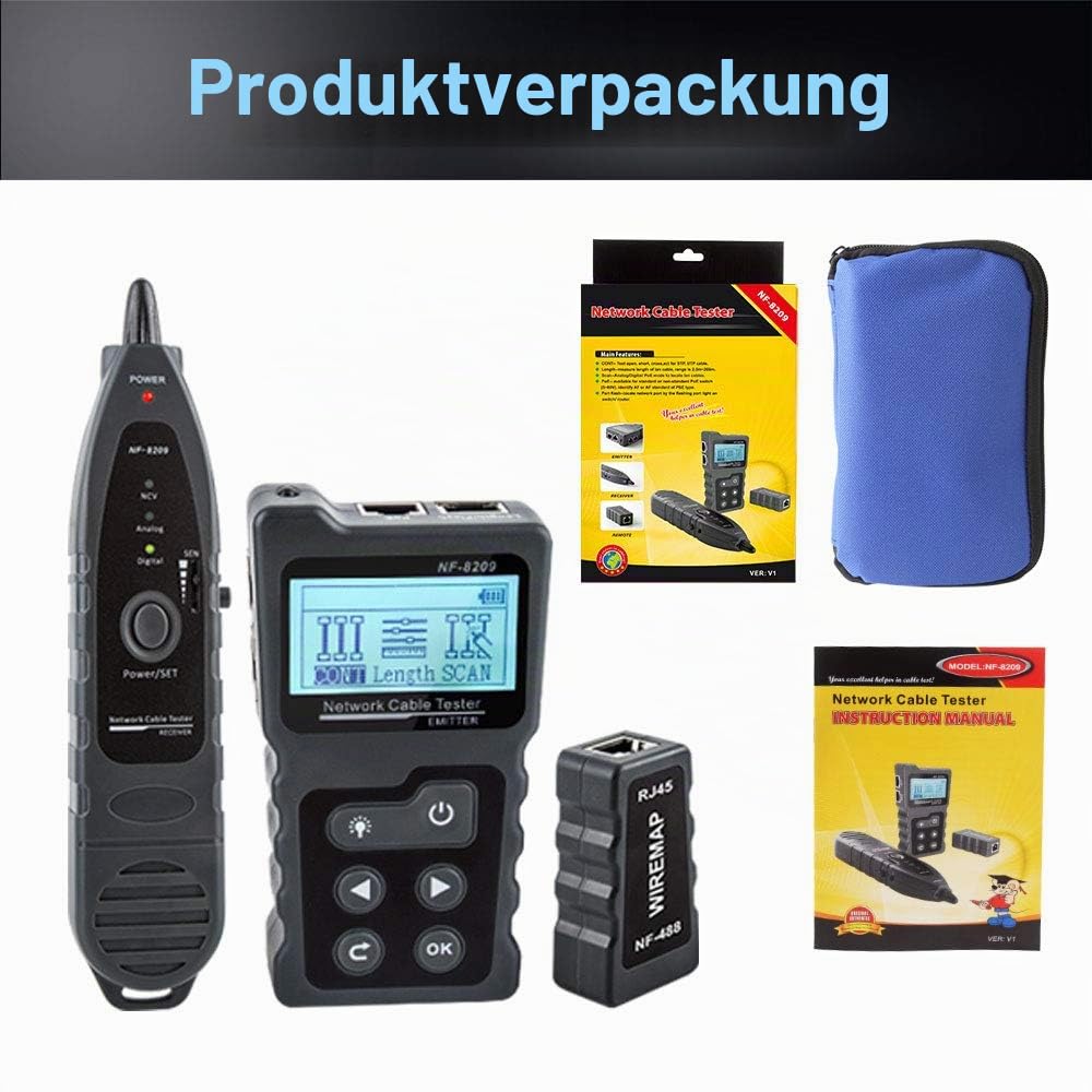 Netzwerkkabeltester NF-8209 Draht-Tracker Netzwerkwerkzeug Scan-Kabel Wiremap Tester CAT5 CAT6 Kabellängenmessung, PoE Testing, NCV Funktion
