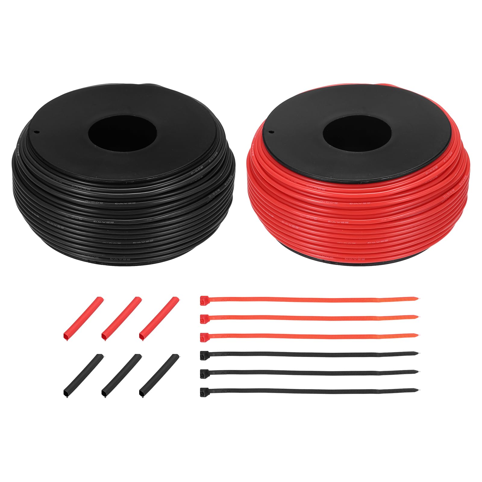 sourcing map 2pcs 22 AWG Silicone Electrical Wire Spool, 22 Gauge 45.7m/150ft Tinned Copper Electrical Wires with Heat Shrink Tubing & Cable Ties for Automotive, RV Inverter - Red & Black