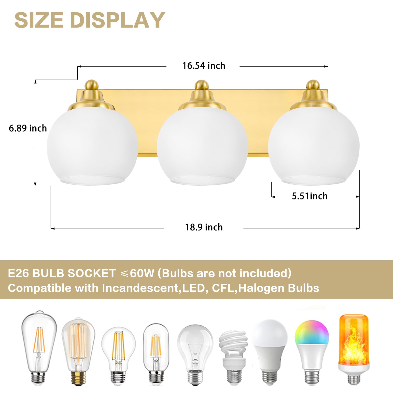 Dothan Home Gold Bathroom Light Fixtures, Vanity Light Over Mirror, Brushed Gold Vanity Lamp with Frosted Globe Glass (Brushed Brass & Frosted Glass)