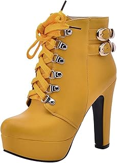 Lace Up Buckle - Botas de tacón alto para mujer, botas de moda para mujer, para exteriores, invierno, amarillo, 42 EU