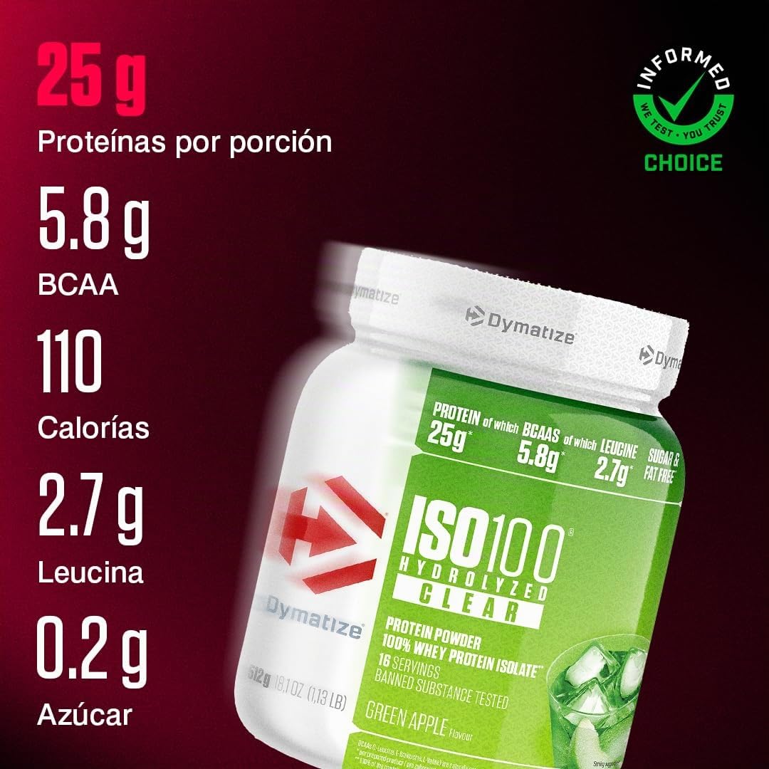 Dymatize ISO 100 Hydrolized Clear Green Apple 512g Hidrolizado de proteína de suero transparente + aislado en polvo