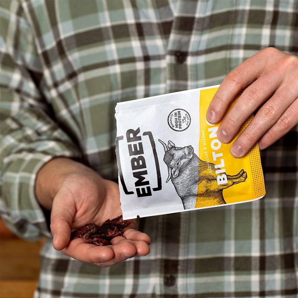Ember Biltong de Ternera Original 250 g - Carne Seca Beef Jerky Rica en Proteinas - Baja en Grasa, Sin Azúcar Añadido, Keto, Sin Colorantes ni Aromas Artificiales - 10 Sobres Snack de 25 g