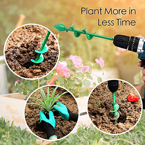VUDECO Auger Drill Bit 2 PCS Set with Garden Genie Gloves for Planting Hole Drill Planter Auger Spiral Hole Drill Bit Bulb Bedding Digging Post Hole Planting Tool 11.8