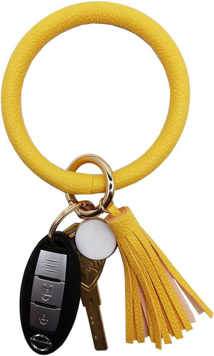 Wristlet Round Key Ring Chain Leather/Silicone Oversized Bracelet Bangle Keychain Holder Tassel for Women Girl