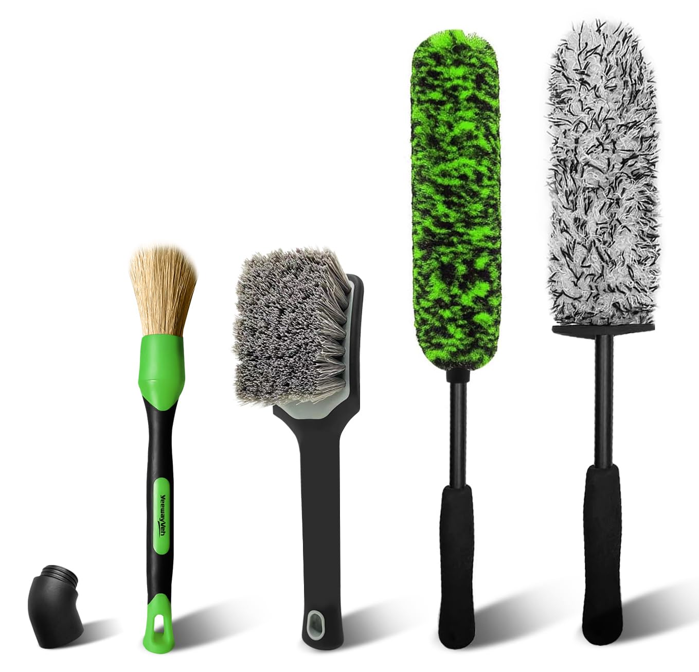 YeewayVeh Car Wheel Brush Set, 4 Pack Long Handle Soft Microfiber Wheel Tire Cleaning Brush with Detailing Brush for Car Vehicle Motorcycle Rim Tyre Fenders Engine Exhaust Tips Car Wash Kit, Green