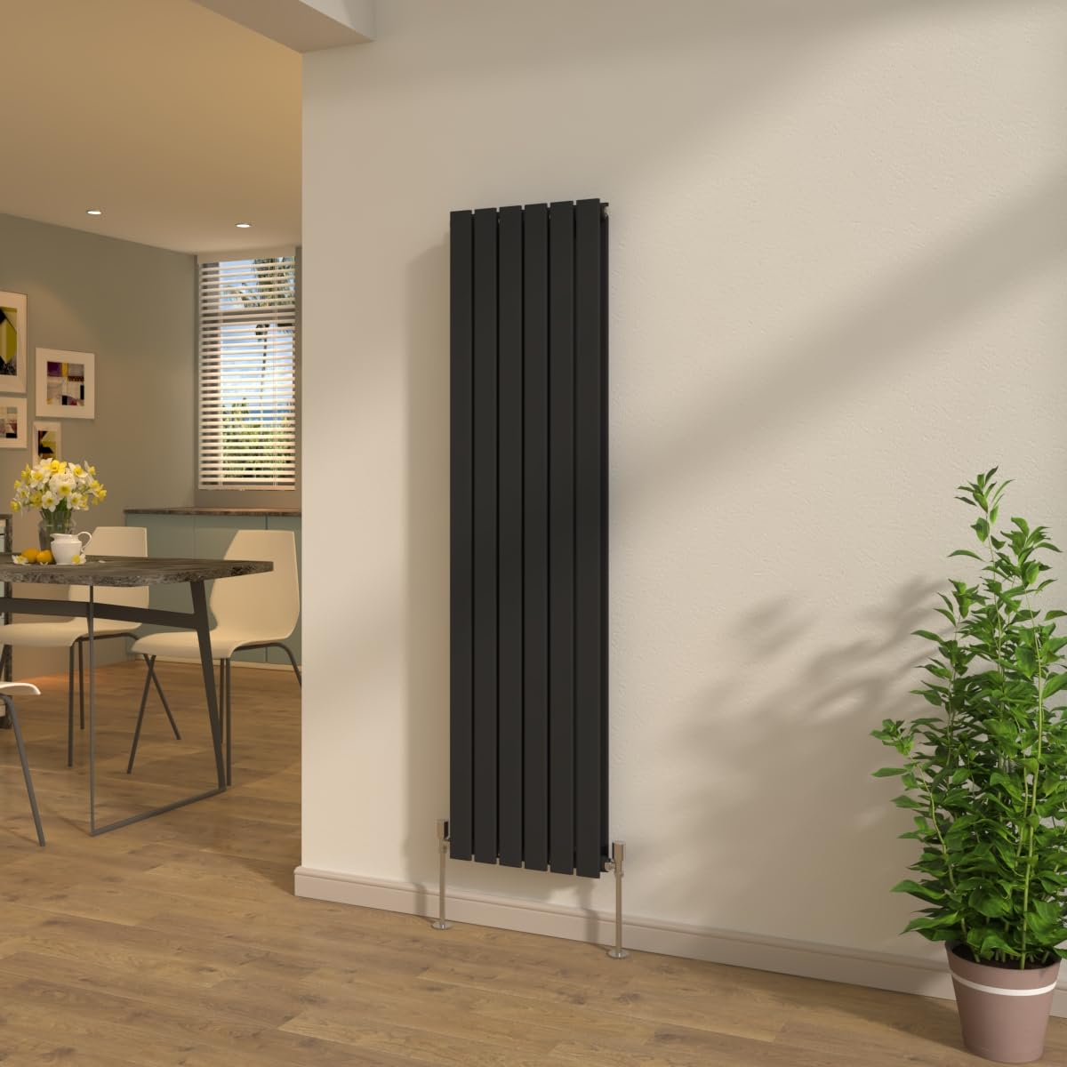NRG Black 1600x408mm Flat Panel Vertical Double Column Designer Radiator Central Heating Rads + Free Angled Valves