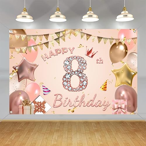 Miniatura 1 de Cartel de tela para decoración de cumpleaños número 8 para niñas de 8 años, cartel de tela para fiesta de cumpleaños de niña, fondo de foto rosa
