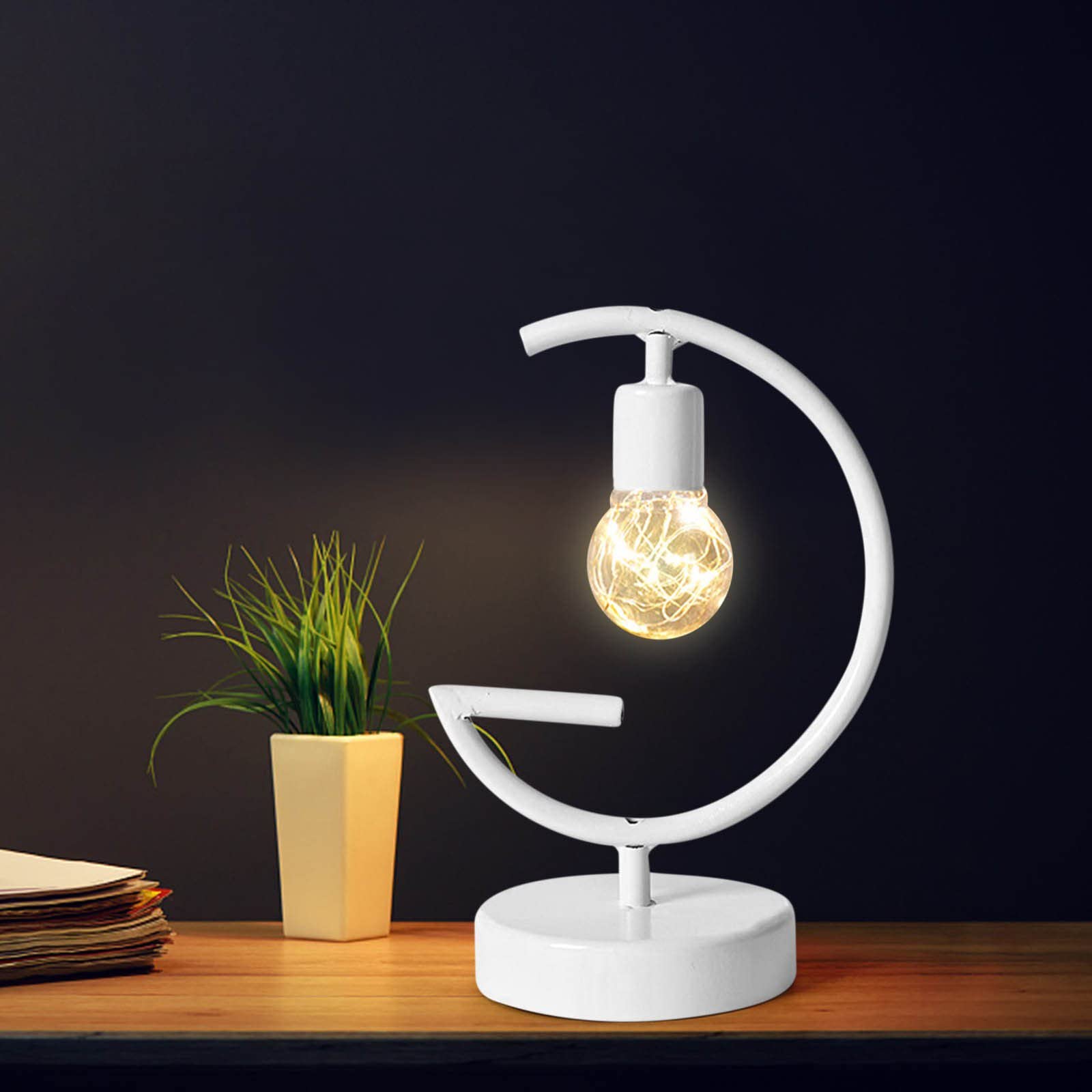 AKA Wireless Table Lamp With 3AAA Battery for Home Decor, Wrought Iron Night Light Desk Moon Salt Study Office Lamp For Room, Bedroom, Livingroom And Kids (White G)