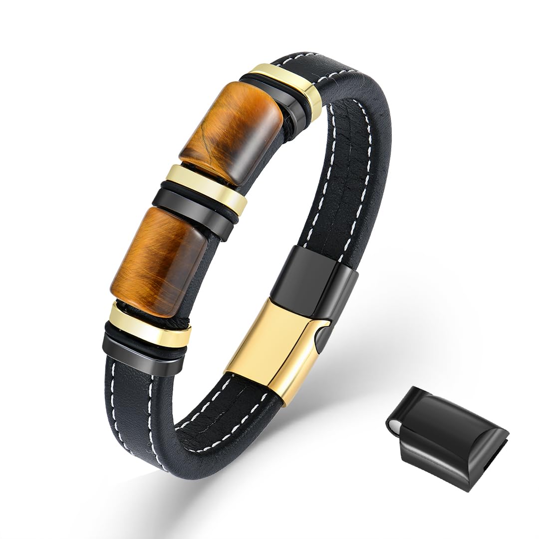 VA JENT Mens Tiger Eye Bracelets Microfiber Leather Cuff Bracelet for Men Gifts on Father's Day Christmas Anniversary Birthday