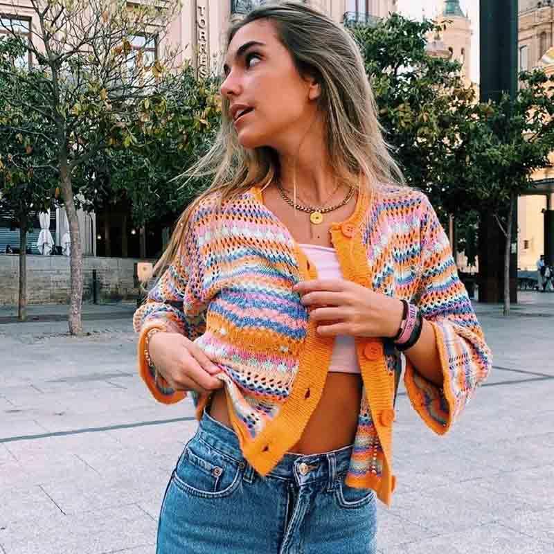 Image of Autumn and Winter Rainbow Striped Sweater Loose Knit Sweater Women's Sweater Cardigan