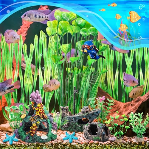 Image of Zeyune 15 Pcs Fish Tank Decorations Mountain Ornament Broken Barrel Sunken Ship Artificial Seaweed Water Plants Colorful Coral Reef for Fish Bowl Aquarium Decor (Green)