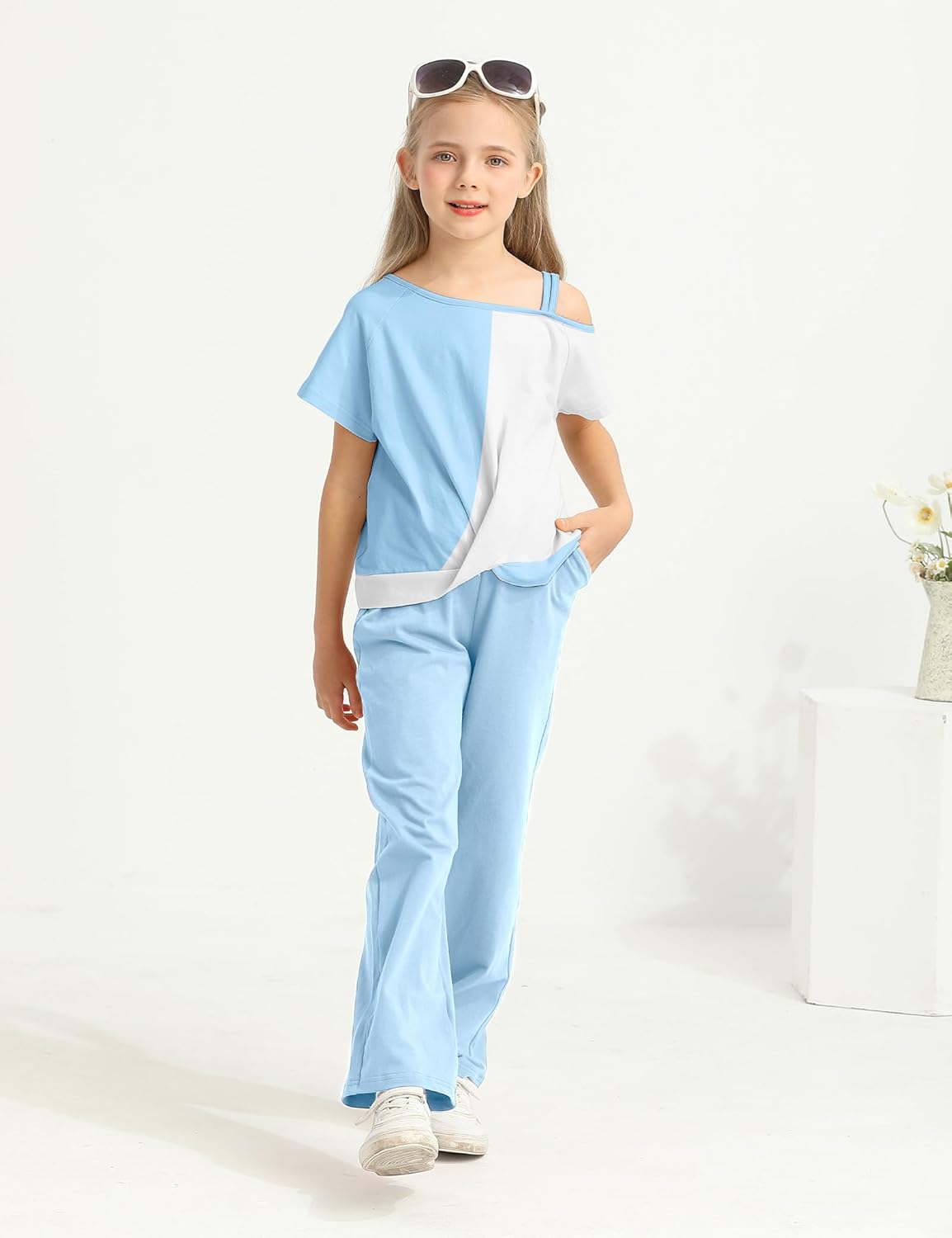 Girls Clothes Twist Knot Color Block Loose Fit Cold Shoulder Top + Solid Color Wide-lege Pants Girls Spring Clothes - Image 4