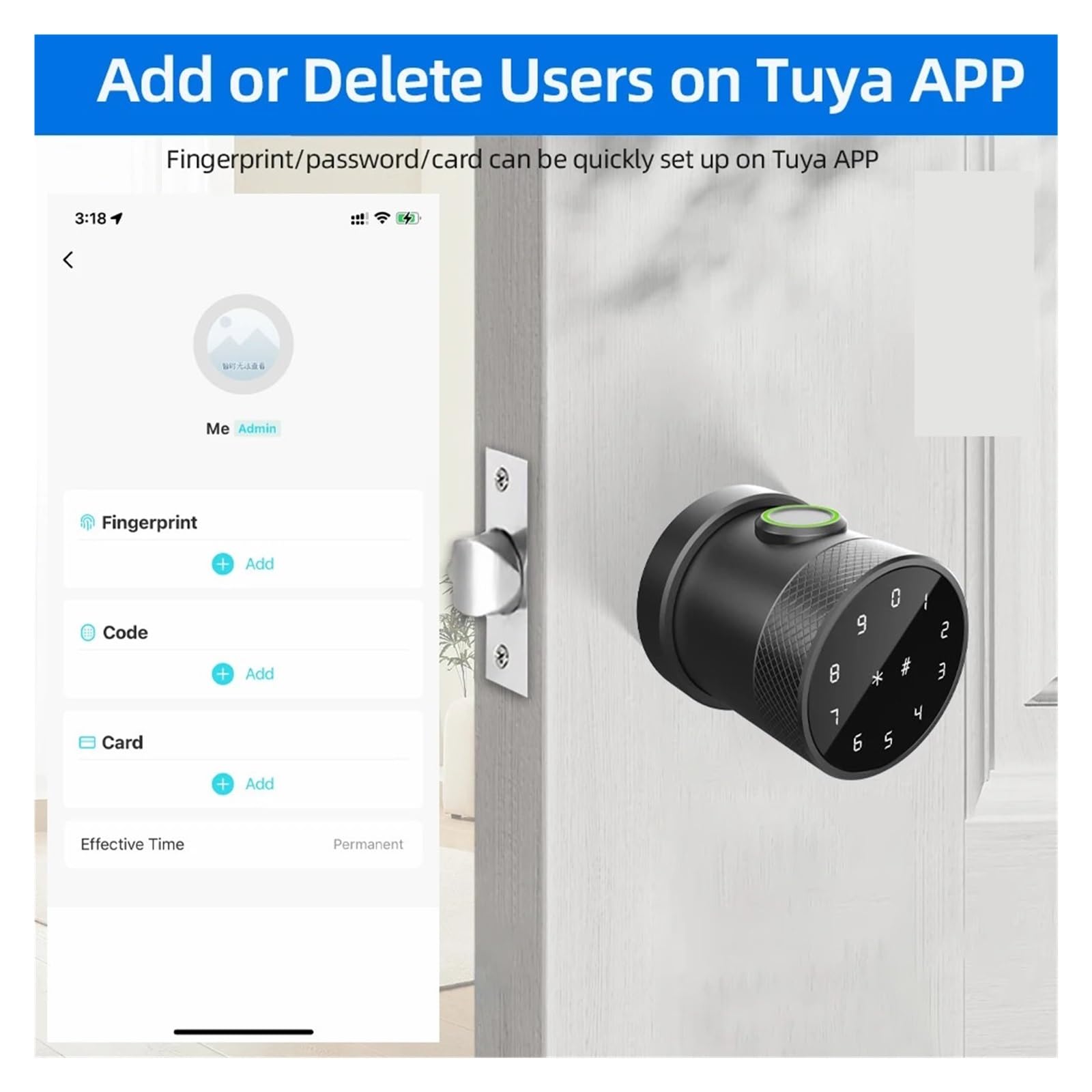 L16A Bluetooth Smart Fingerabdruck-Riegelschloss, schlüssellos, runder Knauf (Silber)