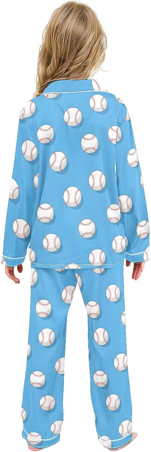 Kids Casual Satin Wear Set Baseball Blue Pattern Unisex Relaxed Fit Clothing