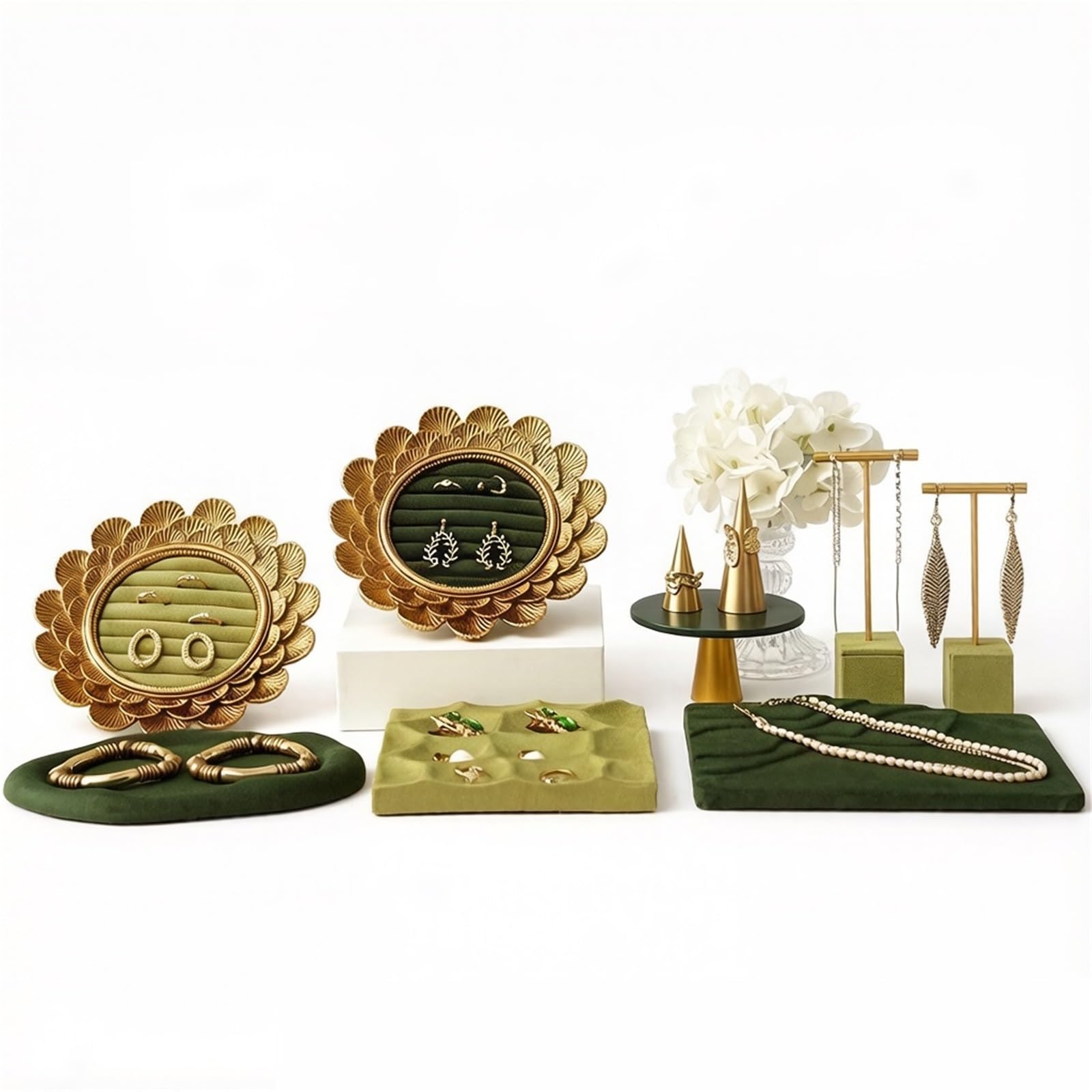 CJHFR472SG Jewelry Organizer Stands Vintage Green Jewelry Rack Rings Earrings Necklaces Storage Display Photography Jewelry Display Stand