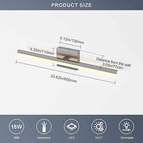 Miniatura 4 de Lámparas LED modernas de baño de 18 W, barra de luces de tocador de níquel cepillado, 5CCT regulable sobre espejo para iluminación de baño, 24