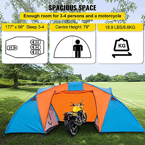 Vevor Motorcycle Camping Tent, 3-4 Person Motorcycle Tent For Camping, Waterproof Backpacking Tent W/Integrated Motorcycle Port, Easy Setup Motorcycle Tent For Outdoor Hiking Hunting Adventure Travel #TOP3