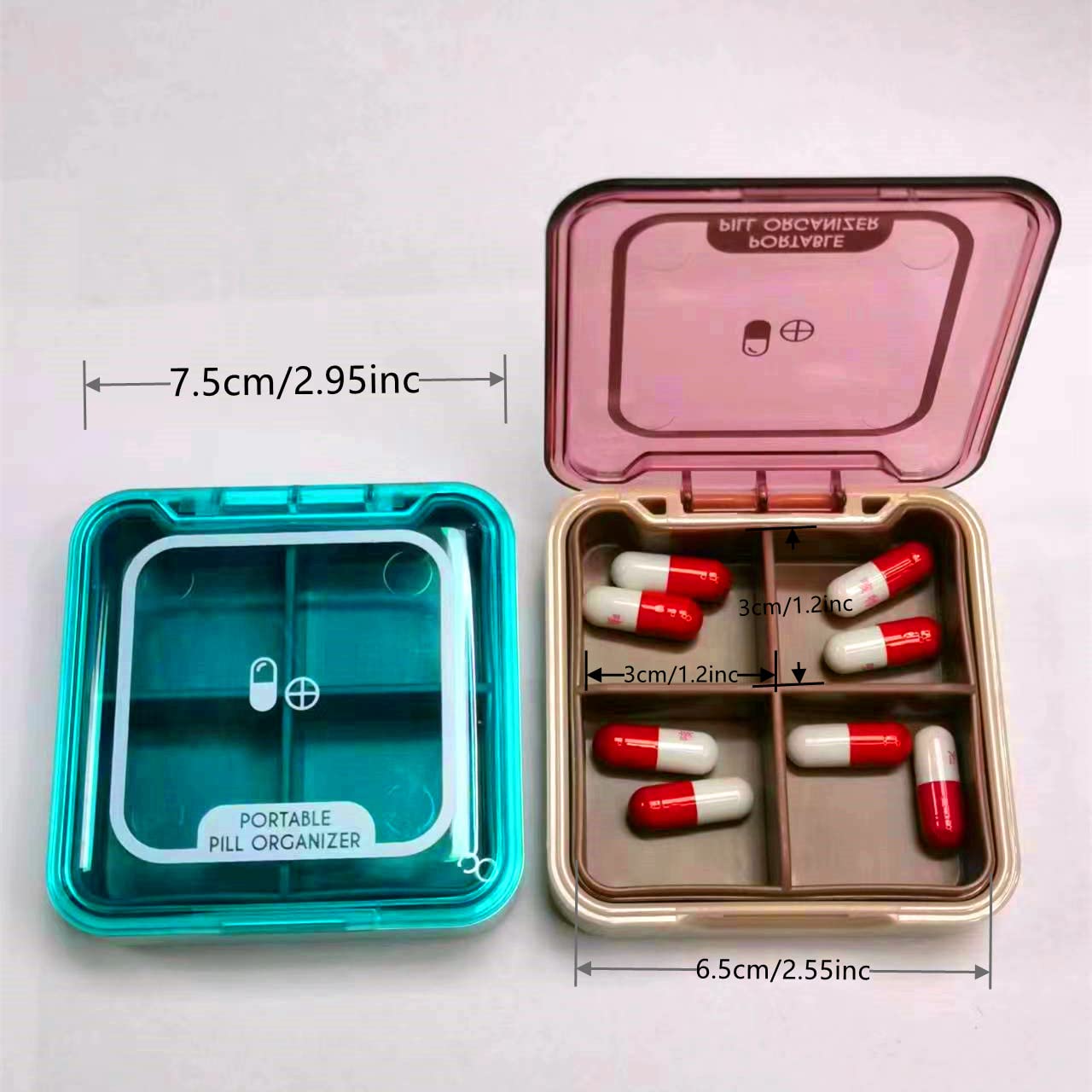 Pill Organizer, CSGTSWGS Travel Pill Box Portable Travel Pill Case Premium 4 Compartments Daily Small Pill Box Pill Container for Purse for Vitamin, Cod Liver Oil Medication (Pink&Blue 2PCS)