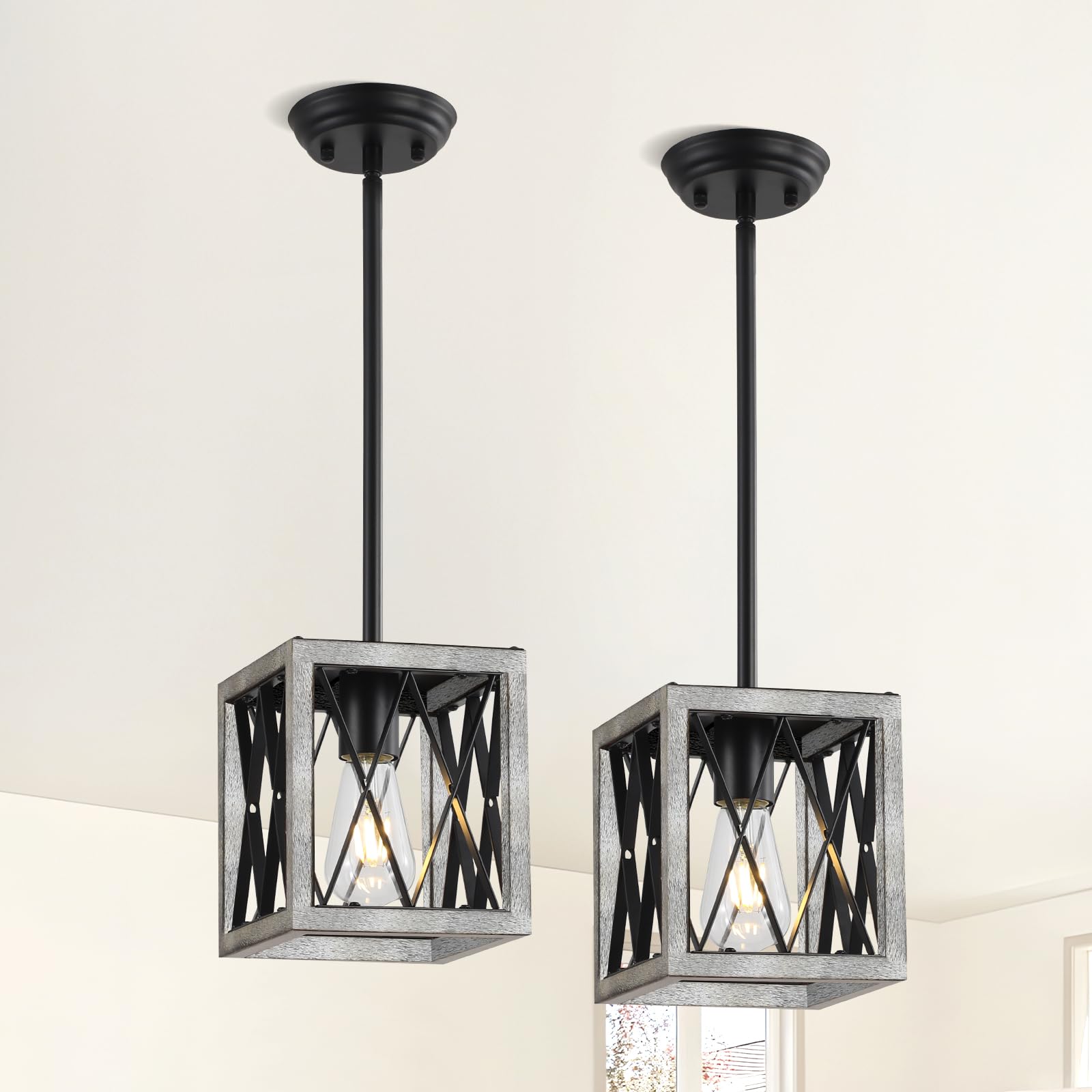 KEESFU Farmhouse Pendant Light with Metal Cage,1 Light Pendant Lighting for Kitchen Island,39 Inch Adjustable Rods for Flat and Slop Ceiling,Kitchen Island Hallway Foyer(2pack