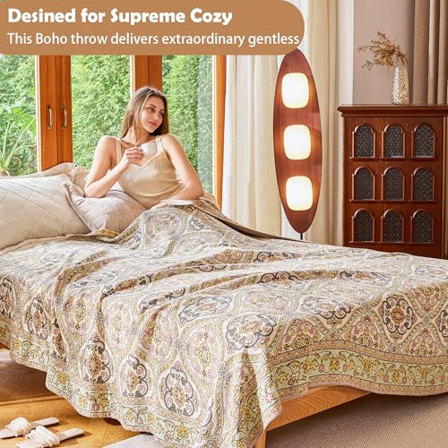 Image of VANJOROY Boho Throw Blanket for Bed Couch 50 inch x 60 inch, 100% Organic Cotton Skin-Friendly Ultra Soft Quilt Throw - Floral Rustic Living Room Decor Luxury Reversible Blanket for Sofa Chair and Gift