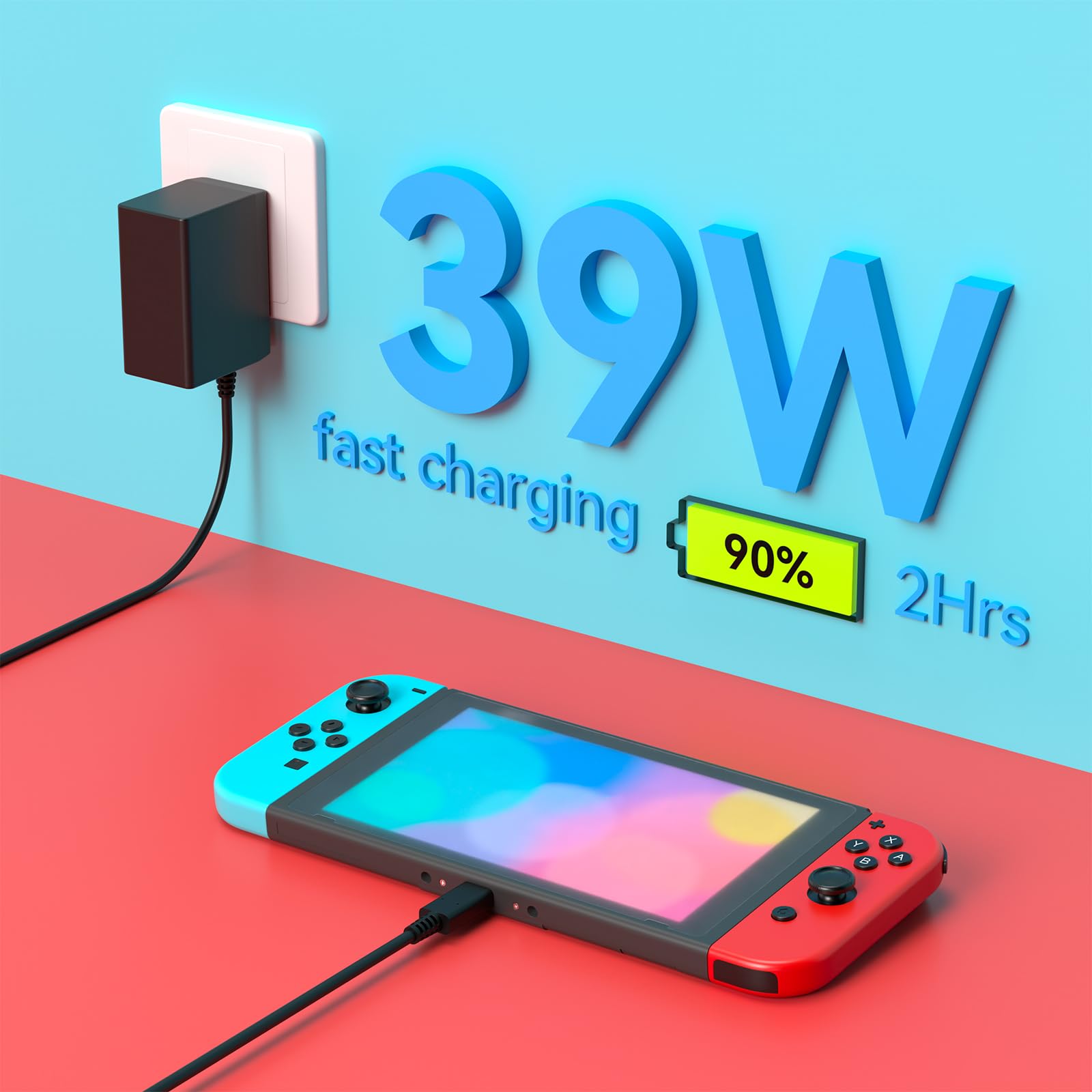 Caricatore per Nintendo Switch, 39 W, 15 V, 2,6 A, adattatore AC compatibile con Switch Lite, OLED, Steam Deck - supporta la modalità TV Fast Charging con cavo USB C da 1,5 m