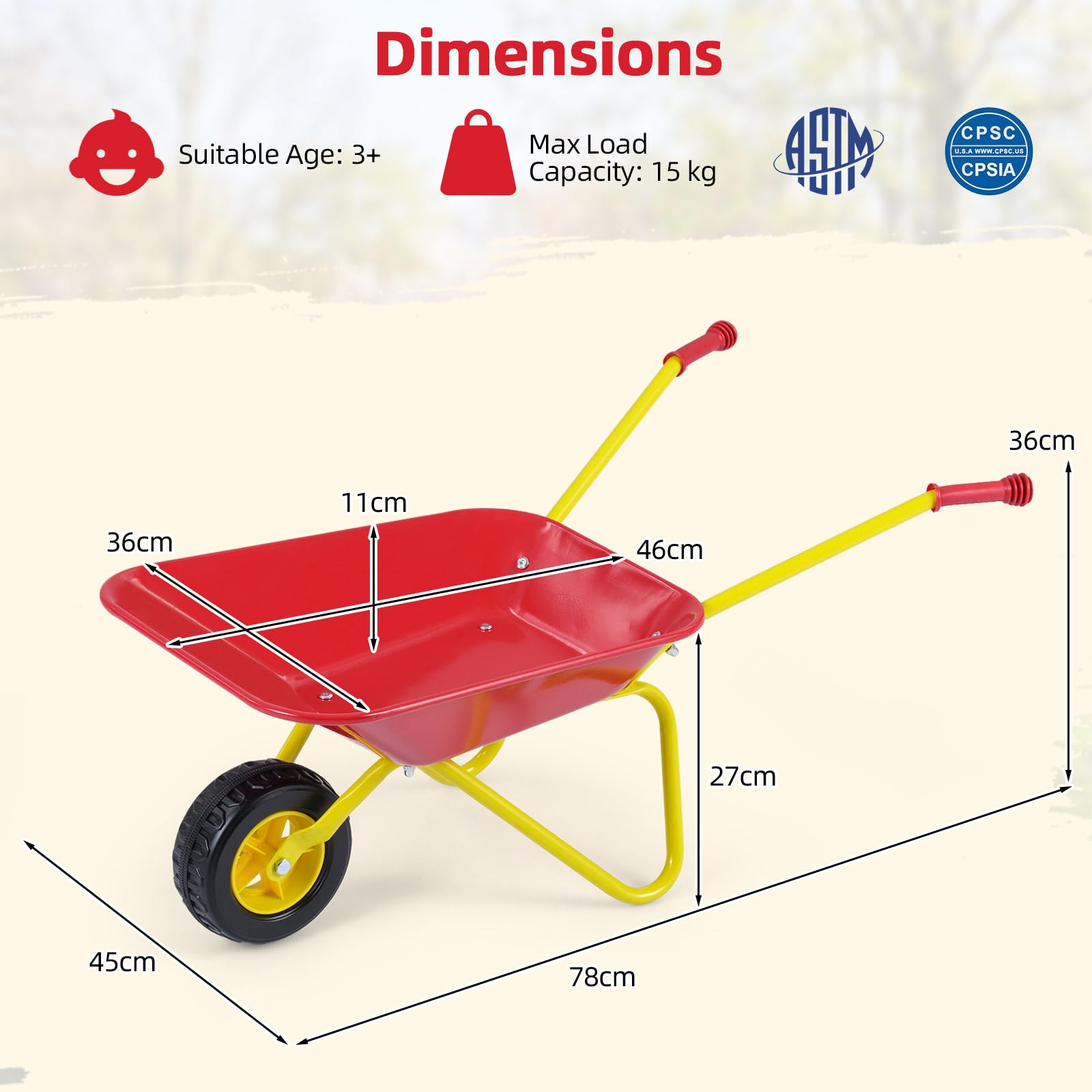 FANTASK Carriola per bambini, carriola in metallo, portata fino a 10 kg, carriola giocattolo per bambini dai 2 anni, per interni ed esterni (rosso)
