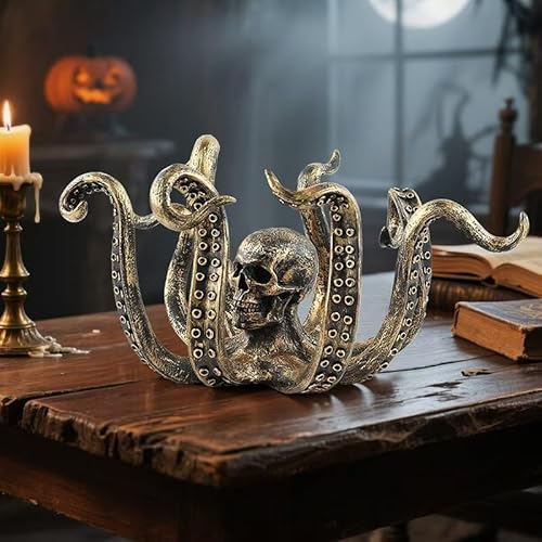 Rekeell Creative Gothic Octopus Skull Sculpture, Halloween Decor, Antique Gold