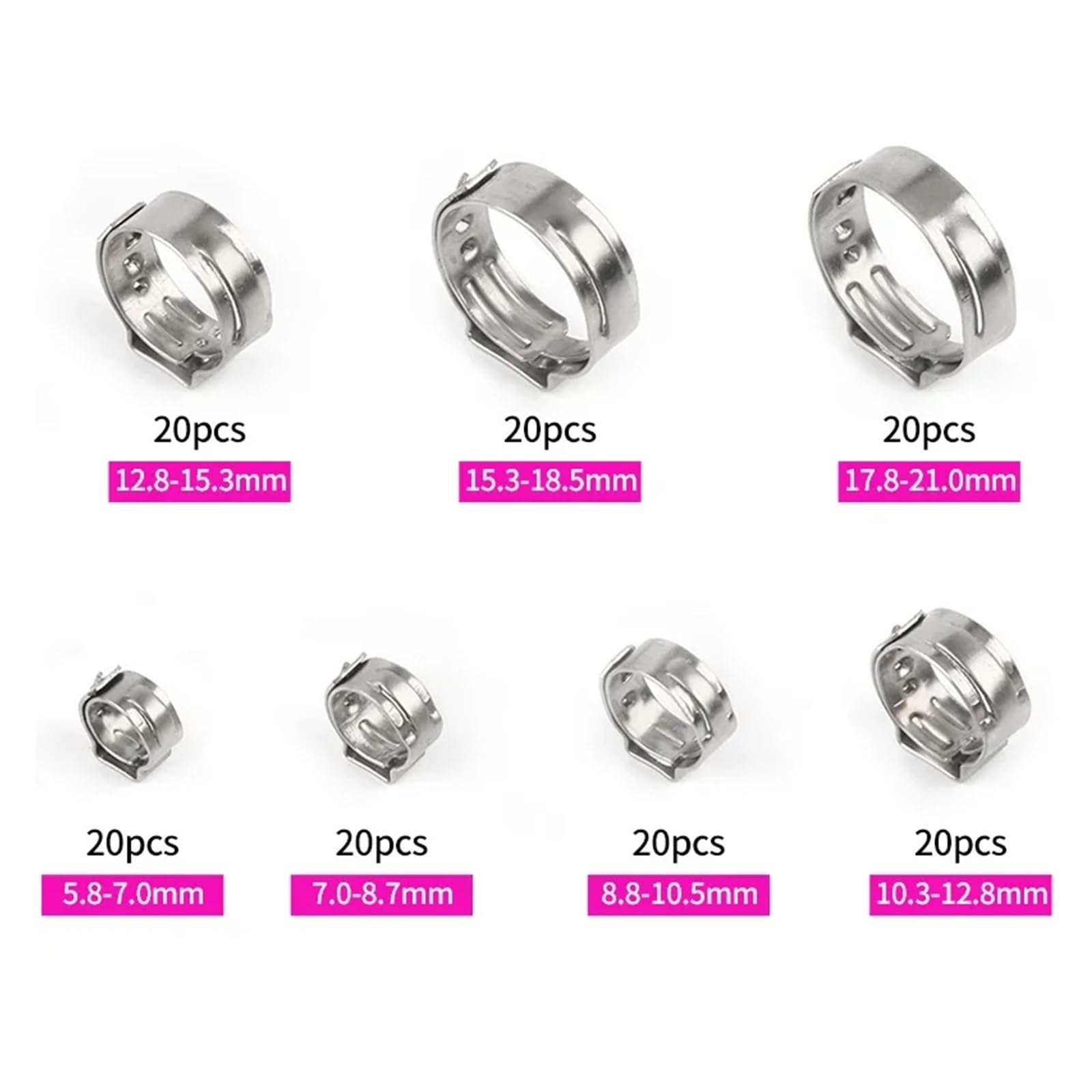 Kit De Colliers De Serrage 140 pièces Assorties 7-21mm Simple Oreille Colliers de Serrage en continu 1PC Collier de Serrage Pince Colliers de Serrage Ensemble(140pcs)