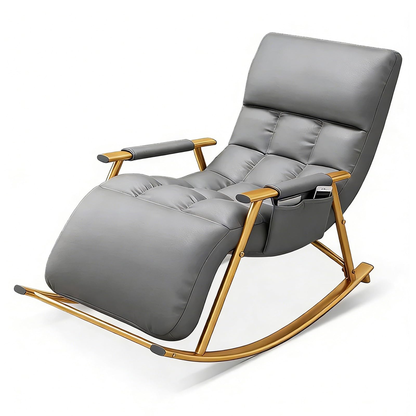 GTHTUHFD Rocking Chair With Adjustable High Backrest And Footrest, Comfortable Upholstered Rocker With Side Pockets, Leisure Recliner For Living Room, Bedroom, Balcony,Grey-Gold frame