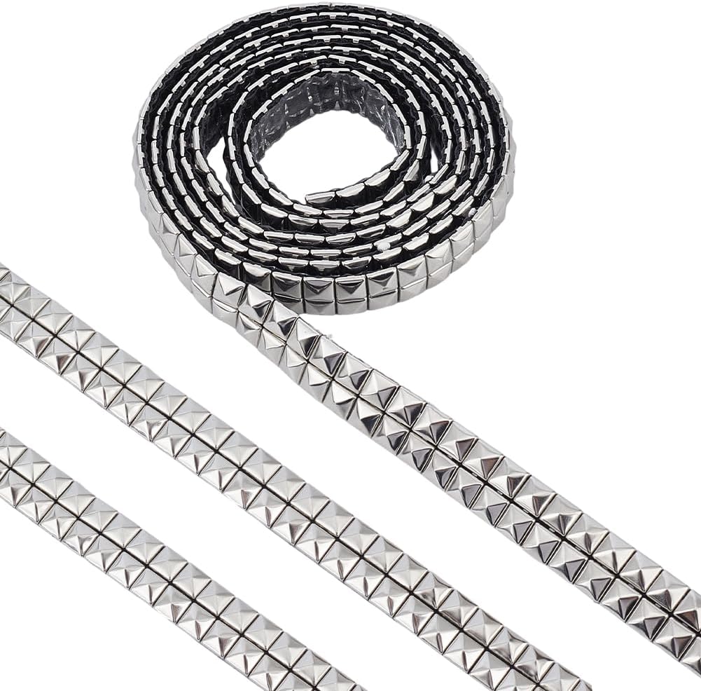 GORGECRAFT Iron on Nail Head Ornament Metal with Double Square Pyramid Studs with Iron on Pyramid Studs Crafts Clothes Bags Stainless Steel Colour