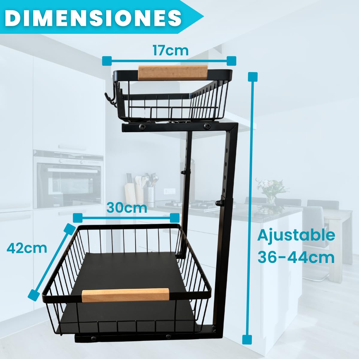 Organizador Bajo Fregadero Multiusos Fácil de Montar PREMIUM | Organizador Cocina, Baño, Lavadero | Acero Carbono 2 Niveles, Cestas Extraíbles, Altura Ajustable y Forma de L | Hogar y cocina