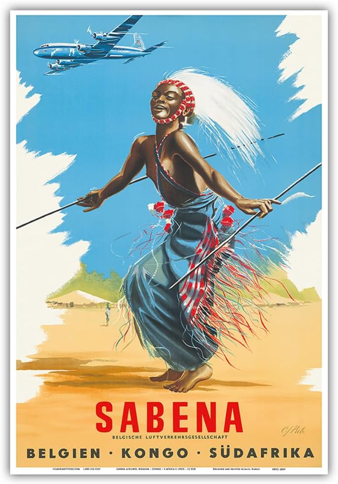 Belgien Kongo Sudafrika (Belgium Congo South Africa) - Sabena Airlines - African Tribal Dancer - Vintage Airline Travel Poster by CJ Pub c.1950s - Master Art Print (Unframed) 13in x 19in