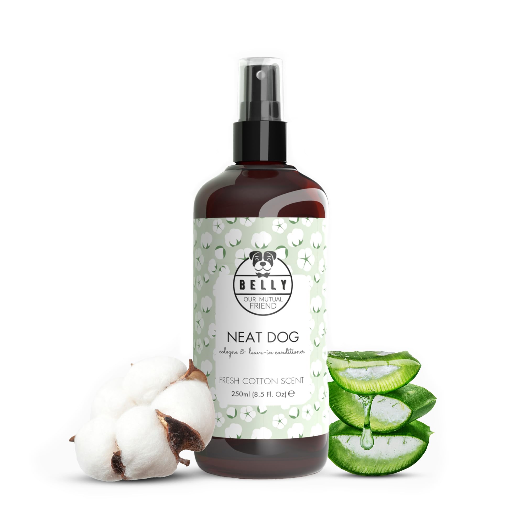 Belly Natural Dog Perfumy i dezodorant w sprayu, długotrwały eliminator zapachu psa, odświeżający płaszcz, neutralizuje zapachy, wegańska formuła do codziennego użytku, 250 ml (kwiat bawełny)