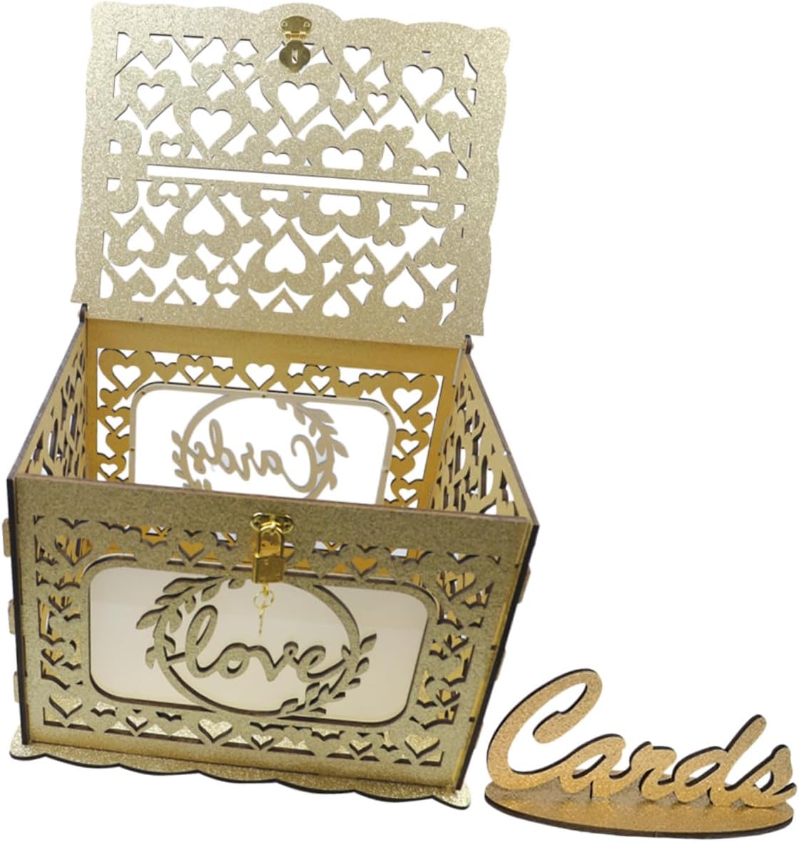 Wooden Hollow Wedding Card Box with Glitter Portable Card Holder for Anniversary and Birthday Party Decorations