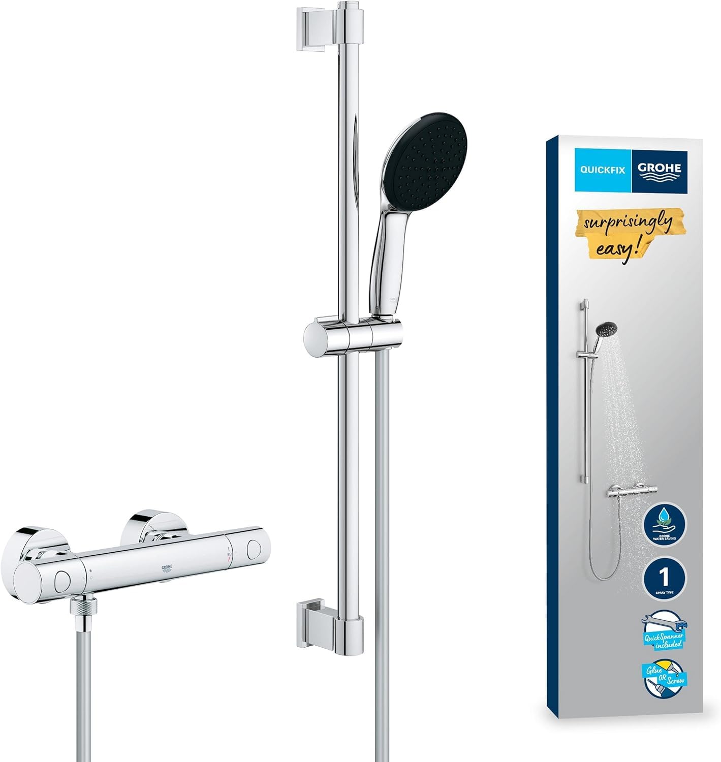 GROHE Precision Get Mitigeur Thermostatique Douche, Ensemble de Douche 1 jet avec barre 60cm, Economie d'eau, A coller avec GROHE QuickGlue ou à visser, Chromé, 34856000