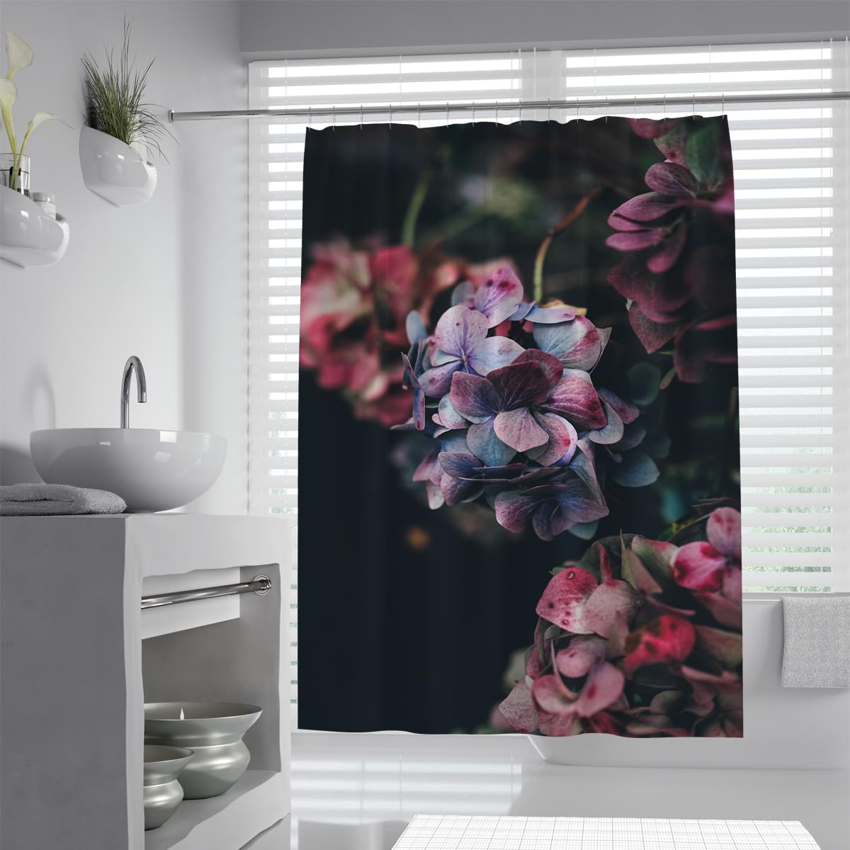 UIRINGART Hydrangea Shower Curtain W120xL180cm Dark Floral Purple Vintage Water Repellent Bathroom Curtains Rustproof Grommets Washable With Hooks