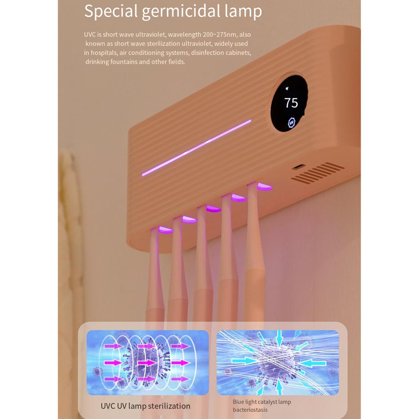 Esterilizador de secado de cepillos de dientes inteligente Esterilización ultravioleta Succión de baño Montado en la pared Estante para cepillos de dientes sin perforaciones,White-A