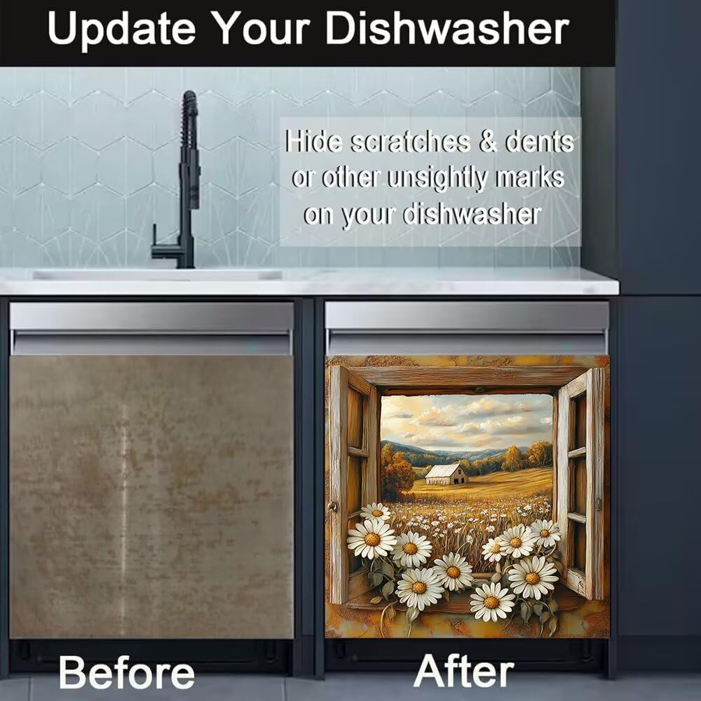 Kitchen Decor Rustic Farm Daisy Field Window View Dishwasher Magnet Cover, Country Barn Landscape Dish Washer Door Magnetic Sticker, Refrigerator Magnets Home Cabinet Panel Decal,23 x 26 inch