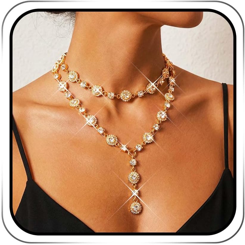 ACEDRE Gold Rhinestone Long Necklace Sparkly Diamond Y Layered Necklaces Jewelry for Women