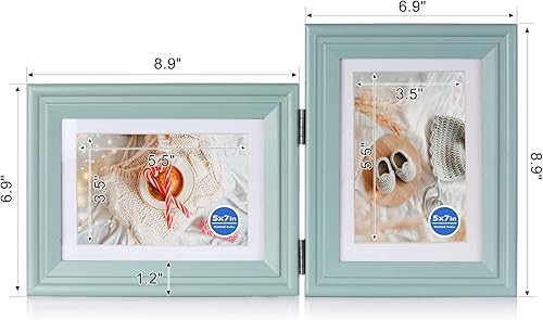 Miniatura 2 de Tamolus Marco de fotos de madera doble de 5 x 7 pulgadas horizontal y vertical en color verde azulado, pantalla de 4 x 6 pulgadas con paspartú o 5 x