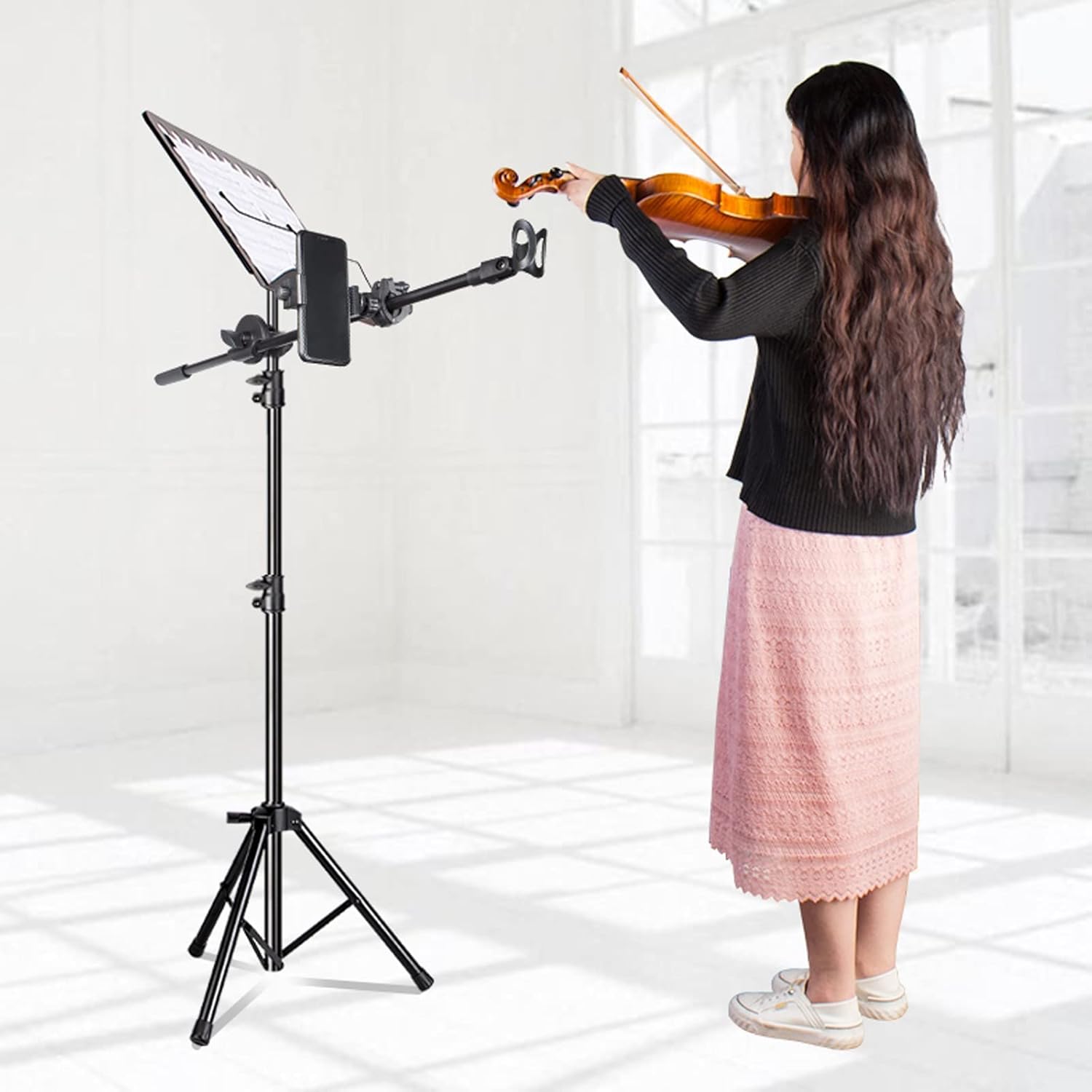 Metal Music Stand Black,Folding Adjustable Music Holder,With Handbag, Microphone Clip, Mobile Phone Clip, Applied To Live Broadcast, Stage Performance, Speech,Music Stand For Guitar Sheet Music Stand