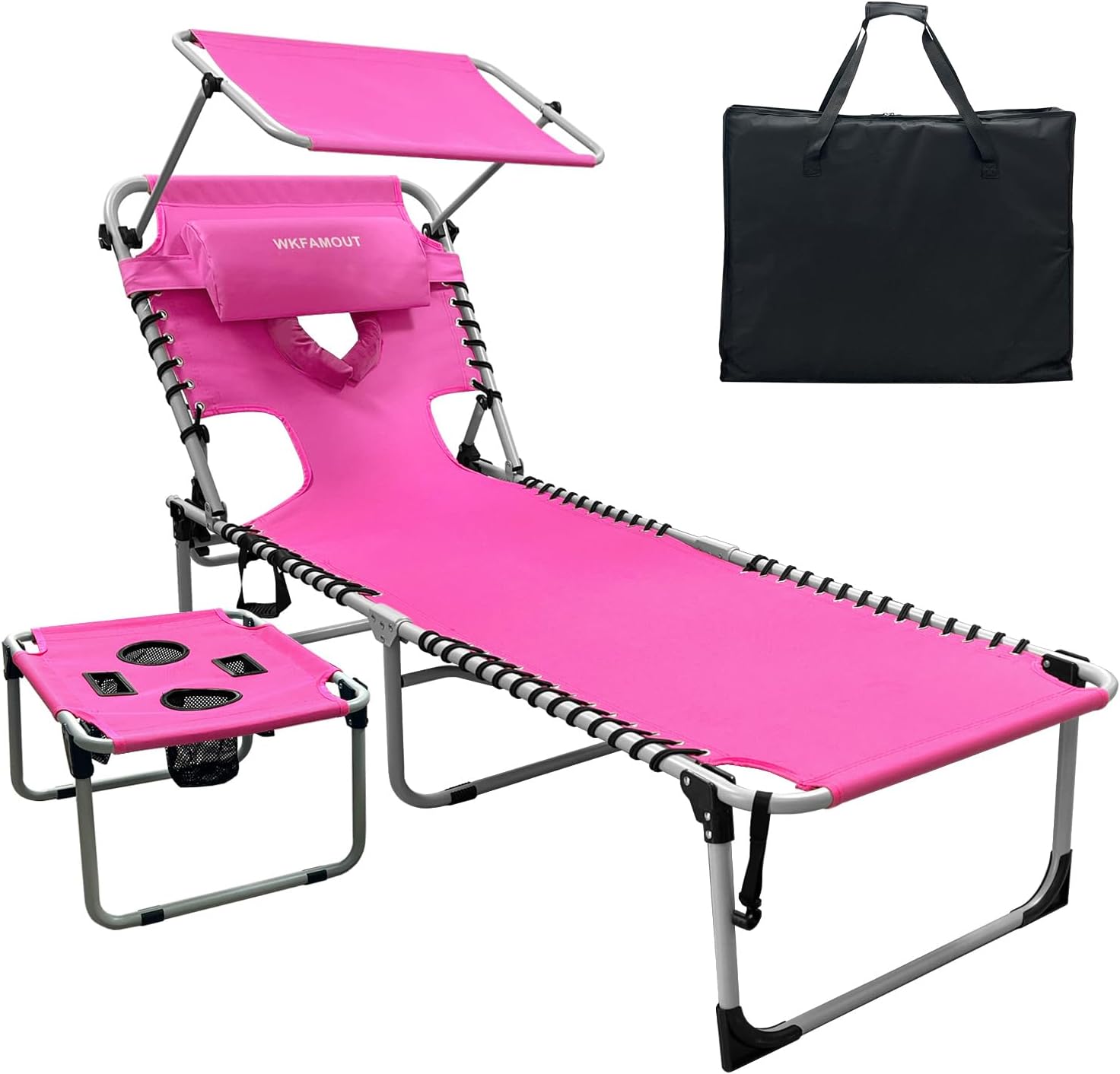 Outdoor Tanning Chair with Sun Canopy Shade & Face Hole, Folding Lounge Chair with Beach Table and Carry Bag for Poolside Sunbathing Lawn