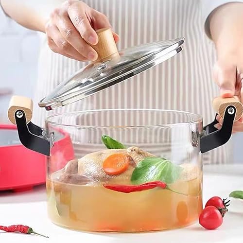 ERINGOGO Olla de cocina de vidrio resistente al calor con tapa, tapa de estufa de borosilicato de alta 2.5L/84.5 oz y cacerola con mango de madera