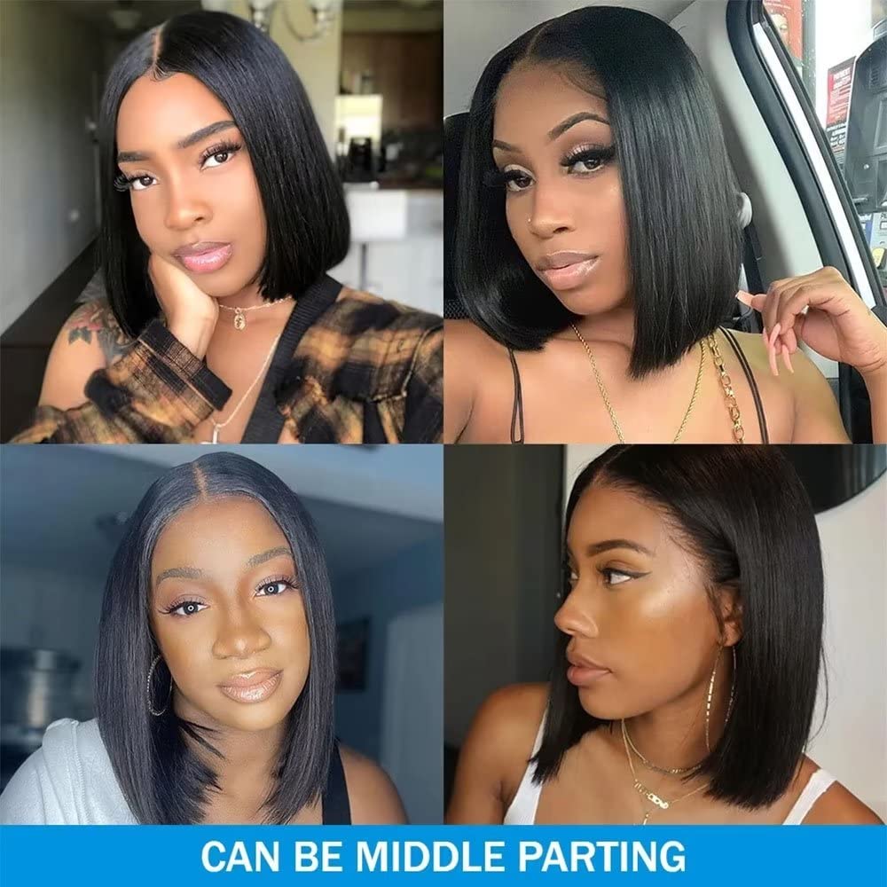 Brazilian Hair Short Bob Stright Human Hair Wig 13x6 HD Transparent Lace Frontal Wig Bone Straight Glueless Wigs 150% Density Pre Plucked Virgin Hair Natural Hairline with Baby Hair 12inch