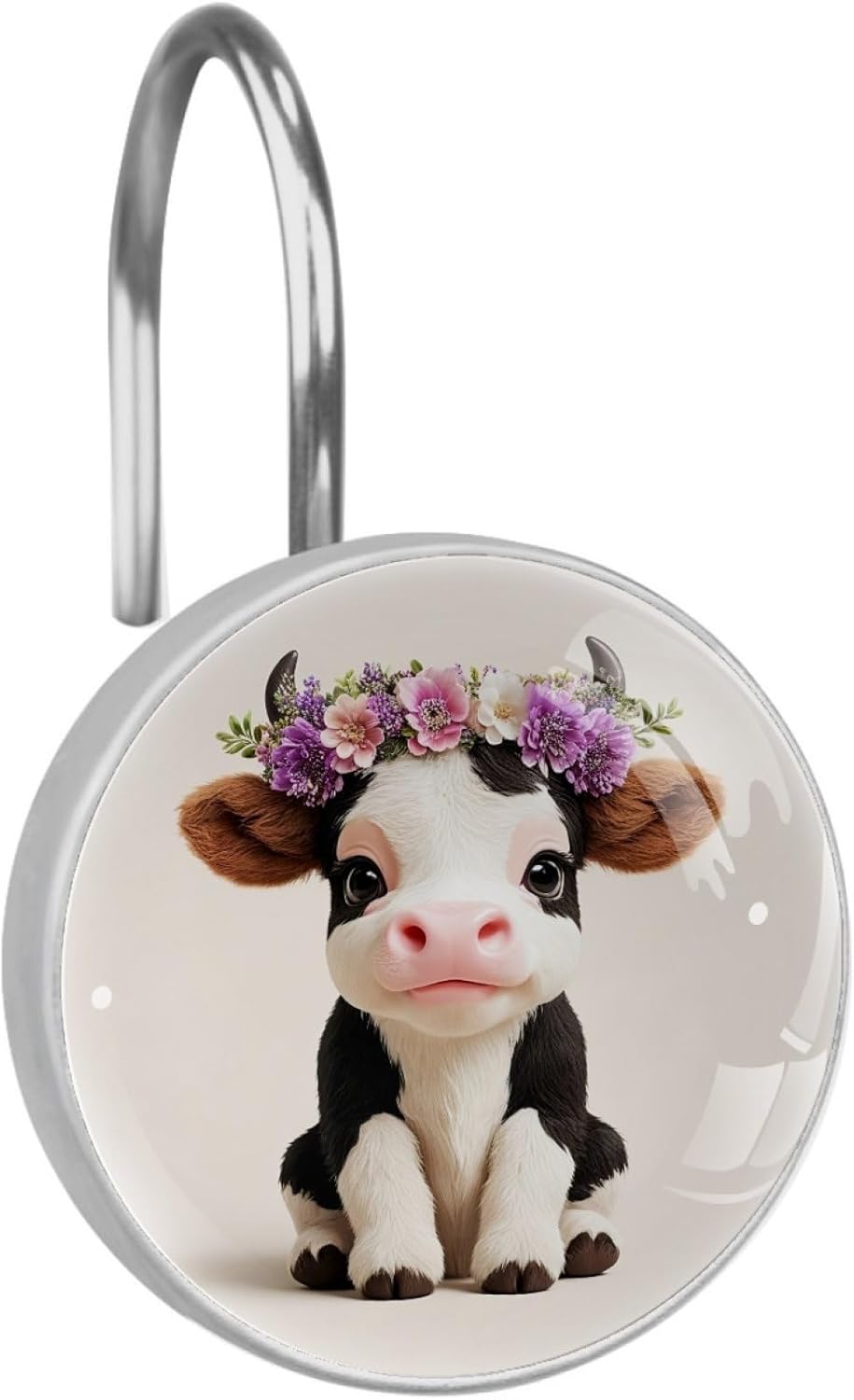 Highland Cows and Flowers Crystal Glass Shower Curtain Hooks for Bathroom Shower Rod, 12Pcs Round Home Decorative Shower Curtain Rings, Bathroom Bedroom Living Room Accessories