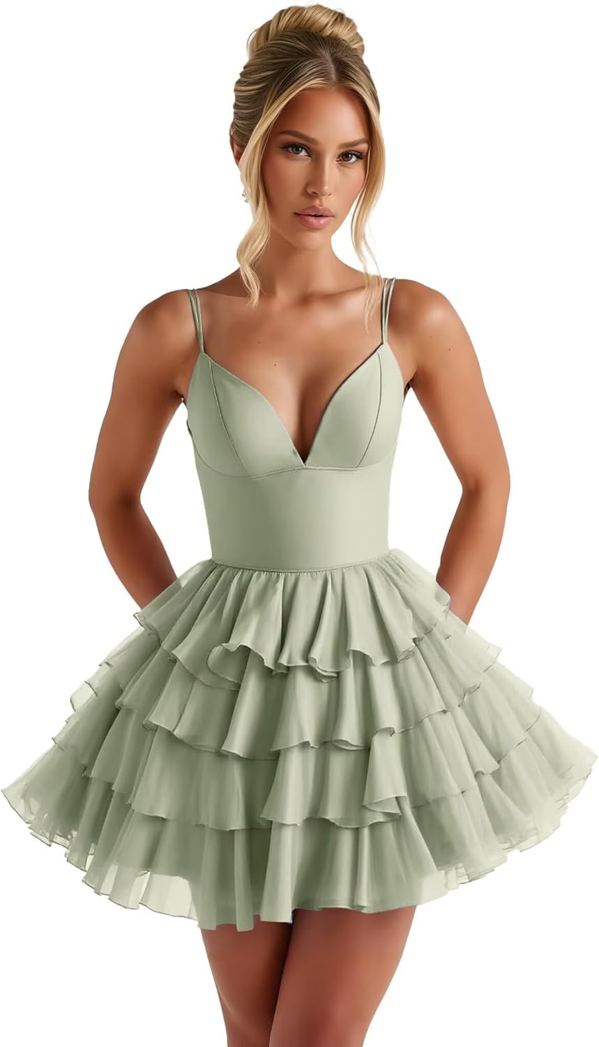 Short Chiffon Tiered Homecoming Dresses for Teens Deep V Neck Double Spaghetti Strap Formal Evening Gown HRW80