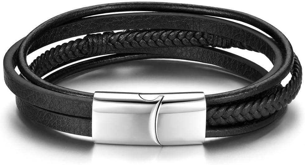 Zysta Men's Feather Bracelet Punk Leather Cuff Bracelet Black Genuine Multi-Layer Braided Leather Cuff Bracelet with Stainless Steel Clasp Inspired Jewelry Wristband Bangle for Men - Image 2