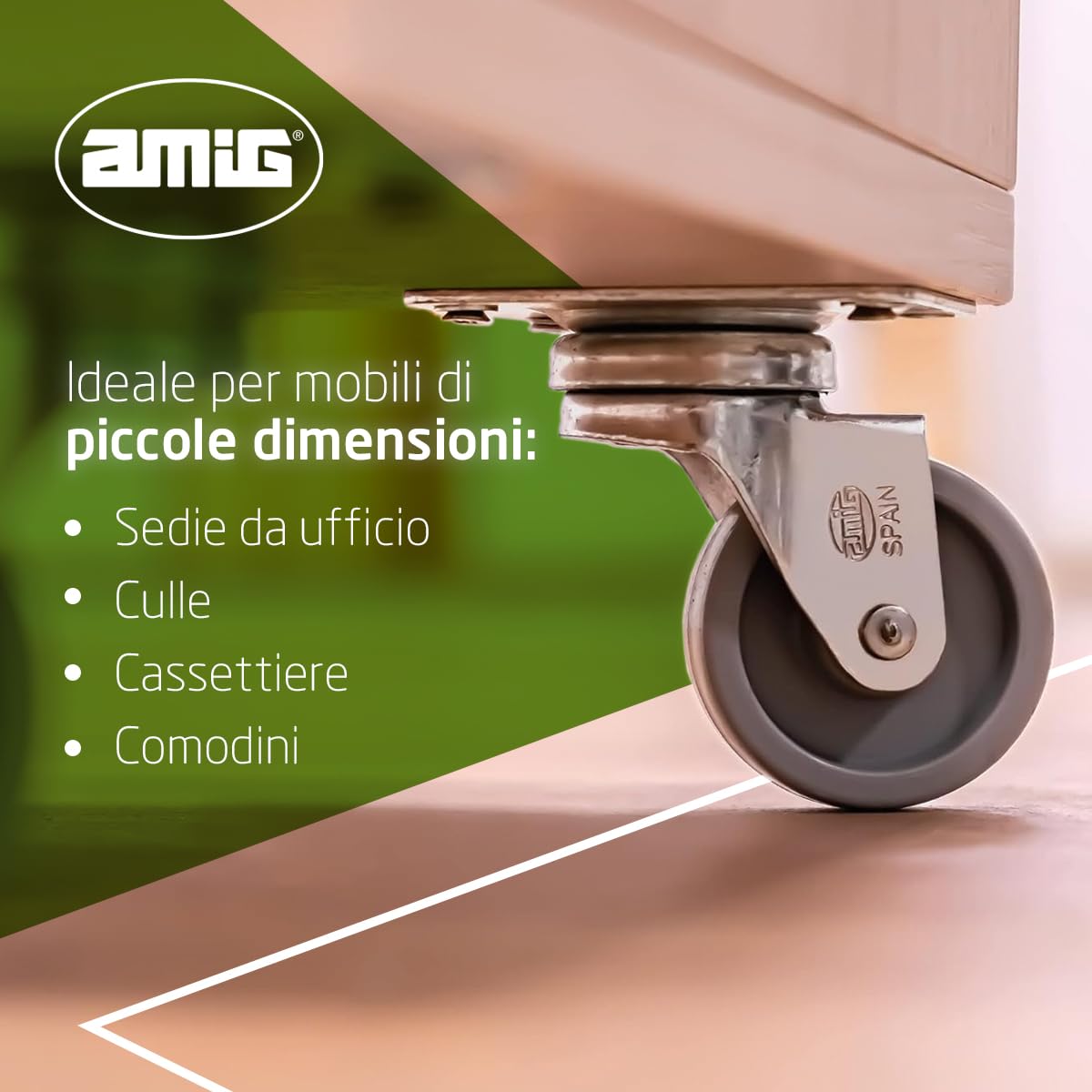 Amig - Pacco di 4 ruote per mobili mod. 2500 con piastra e cuscinetti. Misura: diametro 40 mm. Carico massimo per ruota: 22 kg. Realizzate in nylon, colore grigio, senza freno.