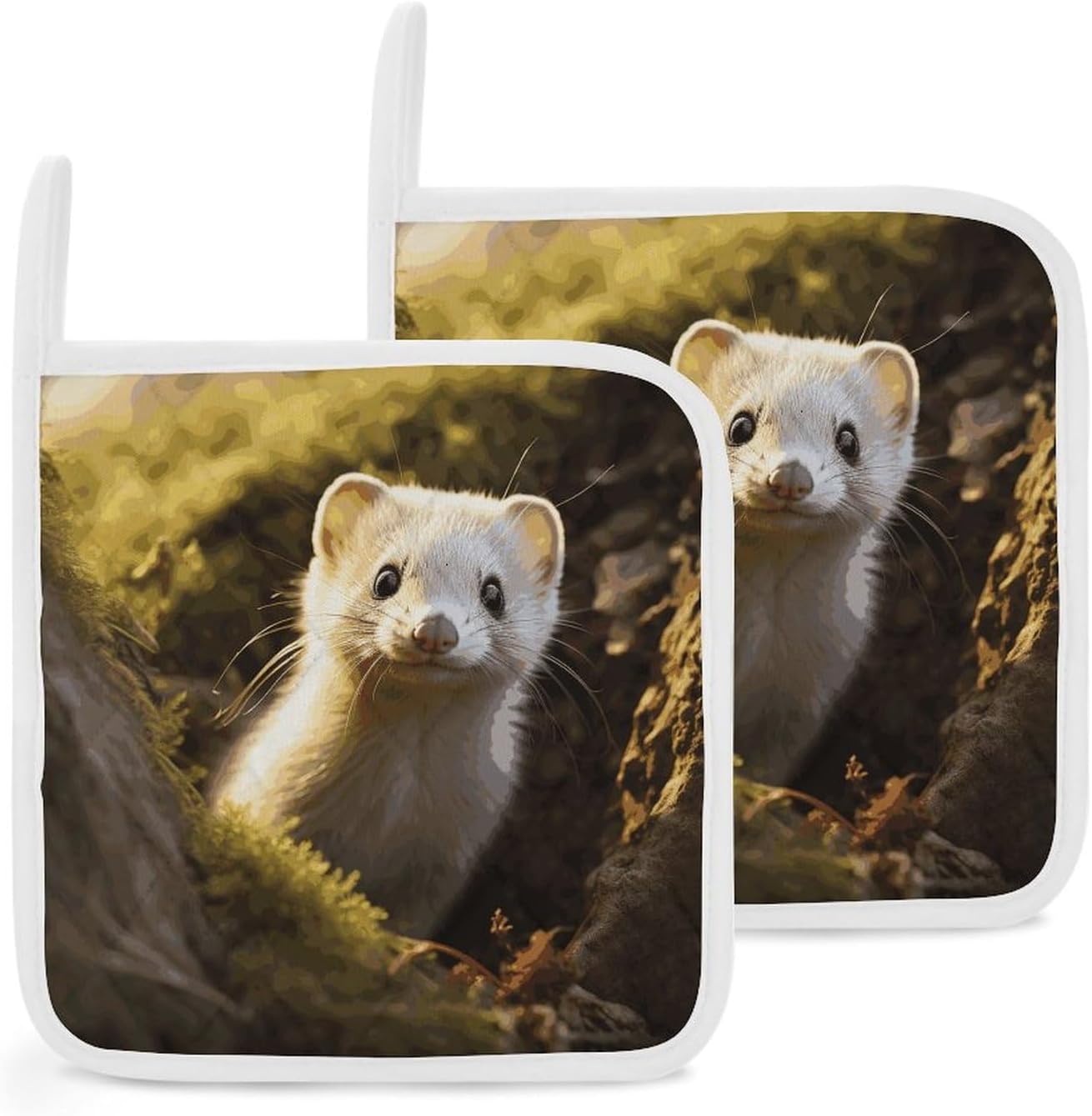 Pot Holder Set of 2 Cute Weasel Printed Potholders for Kitchens Heat Resistant & Non Slip Potholders for Kitchen Cooking Baking BBQ